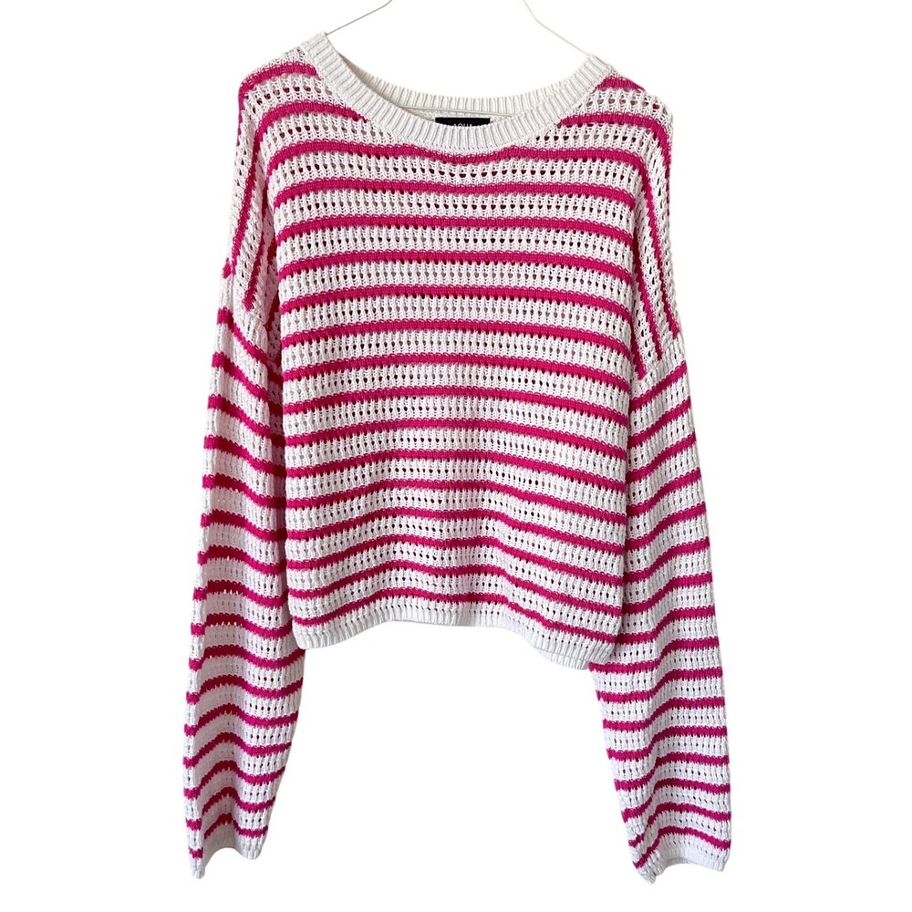 AQUA Pink White Striped Open Knit Crochet Sweater XXL Beachy  Summer 100% cotton
